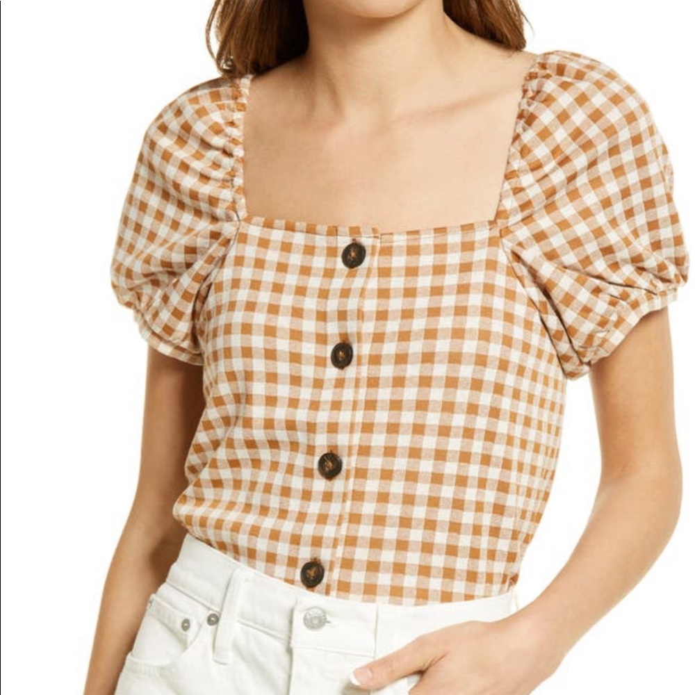 Madewell
Gingham jacquard square neck puff sleeve top